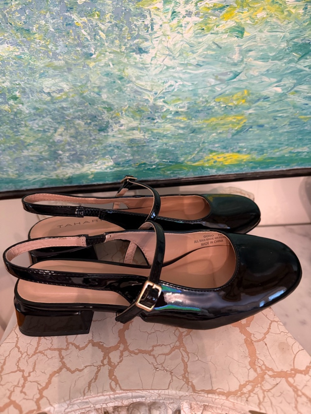 Tahari  “Gogo” Black Patent Mary Jane Slingback Heels